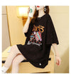 好感度UP プリント バックオープン ロング Tシャツ ブラック ゆったり ワンピース＜U-3001＞