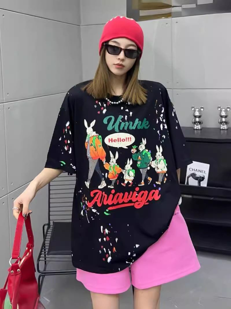 早い者勝ち キュート ファッション ルーズ 落書き風 プリント半袖Tシャツ 全3色<U-4913>