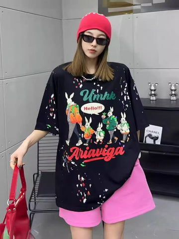 早い者勝ち キュート ファッション ルーズ 落書き風 プリント半袖Tシャツ 全3色<U-4913>