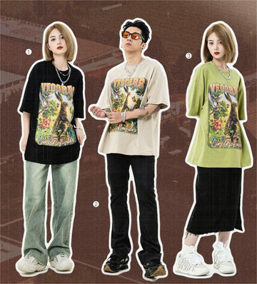 アメリカンレトロ絵画ウサギ半袖Tシャツカップル男女同スタイル<U-2910>