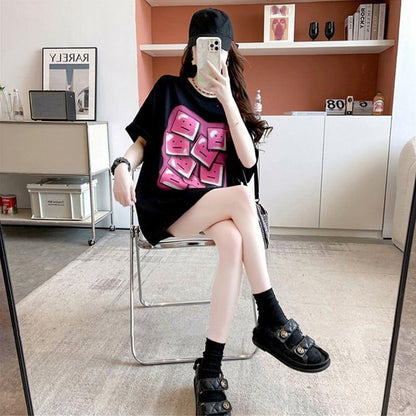 オシャレ度満点 ラウンドネック カジュアル プリント Tシャツ カットソー＜U-3064＞