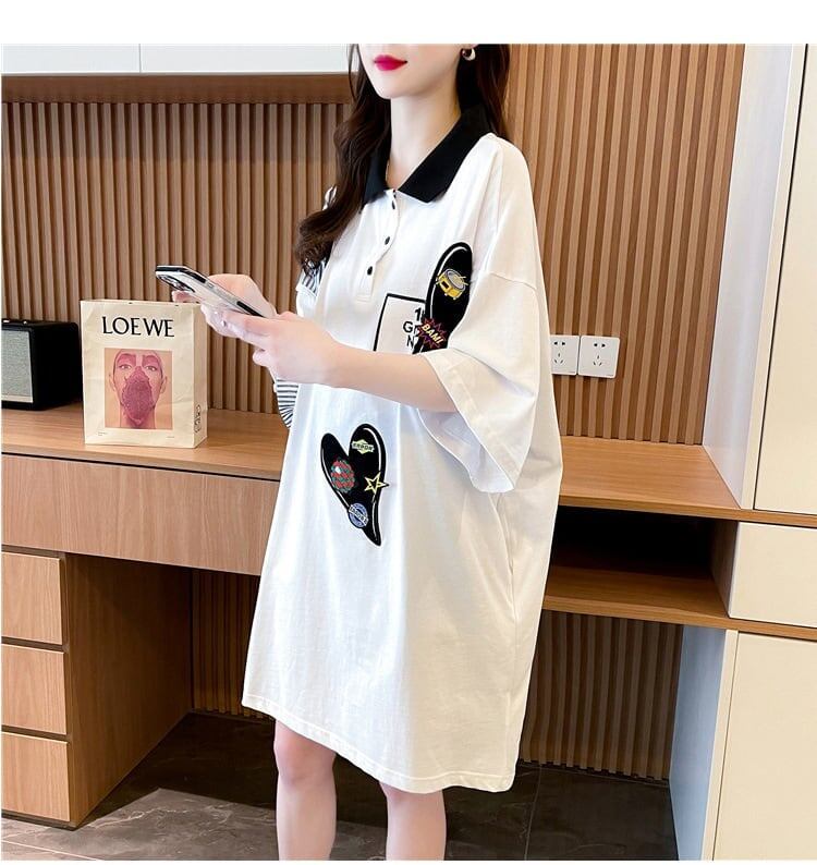 POLOネック 切り替え ストライプ柄 ロング Tシャツ ゆったりワンピース ＜U-3031＞