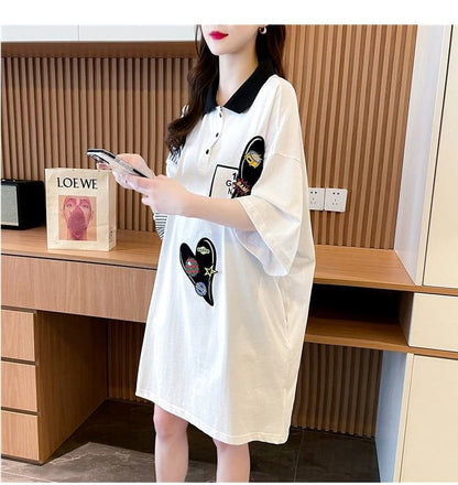 POLOネック 切り替え ストライプ柄 ロング Tシャツ ゆったりワンピース ＜U-3031＞