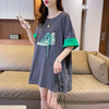 韓国系 プリント ラウンドネック ロング Tシャツ ゆったり半袖 ＜U-2988＞
