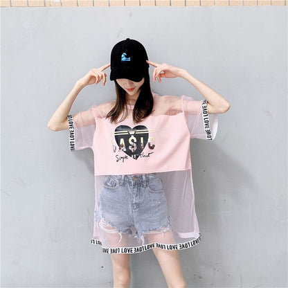 売り切れ必至 レイヤード風 個性派 チュール ゆったり半袖 Tシャツ全4色 ＜U-8157＞