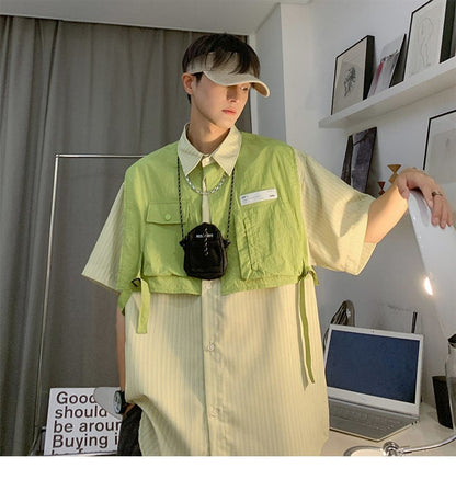 期間限定 ファッション 個性派 レイヤード風 切り替え プリント全3色 男女兼用 半袖Tシャツ<U-9044>