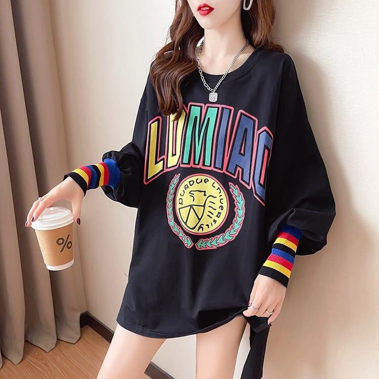 着せ グラフィックプリント 虹色 ロング長袖Tシャツ 三色トップス＜U-4107＞