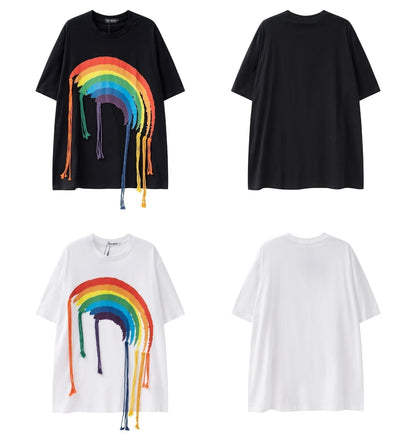 好感度UP 虹ロゴ タッセル ゆったり Tシャツ 全2色 ユニセックス半袖<U-4863>