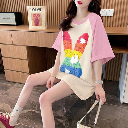 美人度アップ Tシャツ 可愛いウサギ 丸襟 半袖＜U-2824＞