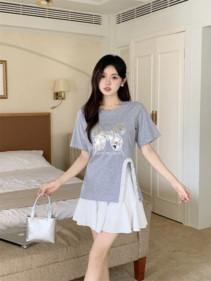 絶対欲しい キュート 超人気 ピンク プリント スパンコール 3色選択 半袖Tシャツ＜U-8570＞