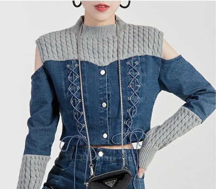 スタイルアップ効果抜群 デニム 高見えデザイン トップスⅹミニスカートセットアップ<U-9160>