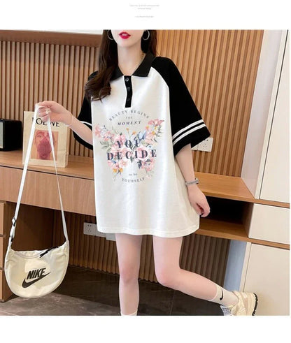 POLOネック プリント バタフライ ロング ラグランTシャツ ゆったりワンピース ＜U-3023＞