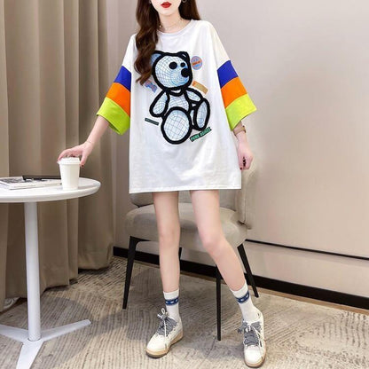 超人気商品 カラーマッチング ベアー柄 切り替え プリント ロング Tシャツ ゆったりワンピース ＜U-4024＞