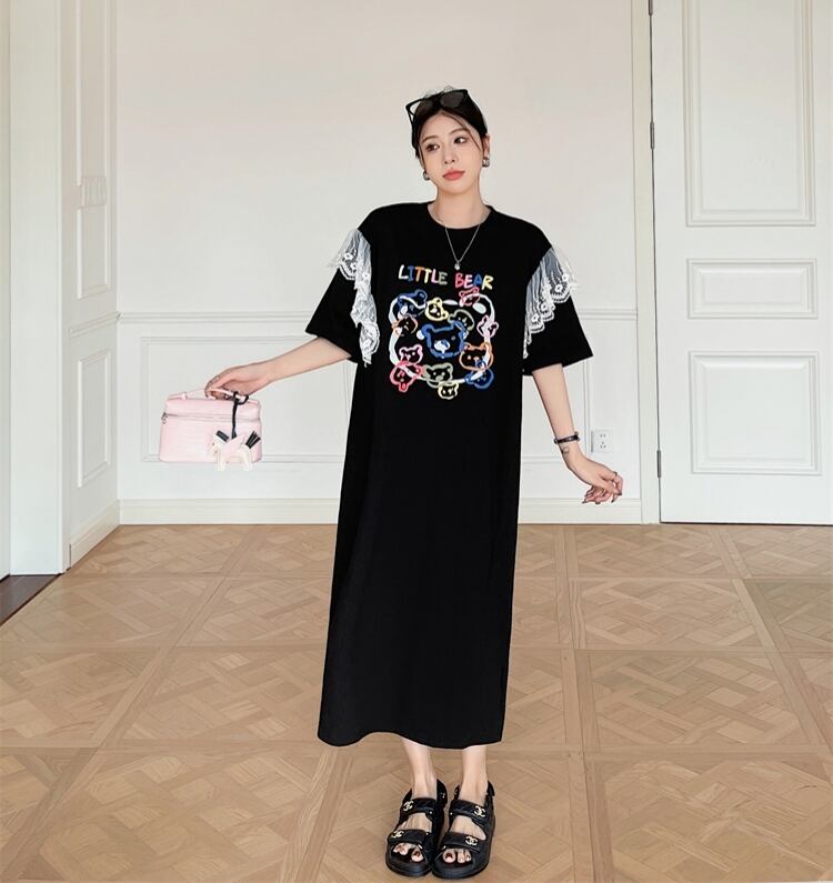 おすすめ レース ファッション 切り替え プリント Tシャツ カットソー ワンピース＜U-8535＞