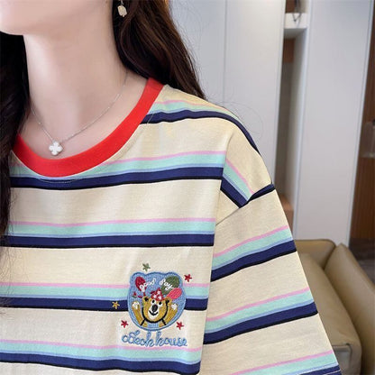大人可愛い ストライプ柄 カジュアル 刺繍 半袖Tシャツ カットソー ＜U-8571＞