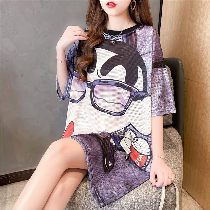 夏新作 オーバーサイズ ラウンドネック プリントTシャツ ゆったり ワンピース＜isf-2996＞