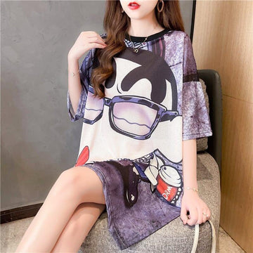 夏新作 オーバーサイズ ラウンドネック プリントTシャツ ゆったり ワンピース＜isf-2996＞