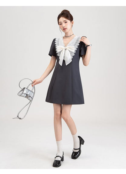 売り切れ必至 上品 エレガント レース 切り替え ワンピース<U-11866>