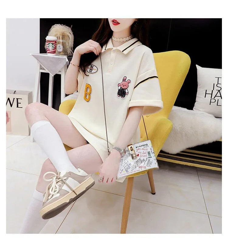 韓国系 ロング POLOネック Tシャツ 四色 ゆったり半袖 ＜U-2869＞