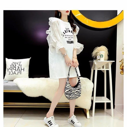 女子力アップ アルファベット パフスリーブ プリント ロングTシャツ ゆったりワンピース ＜U-3054＞