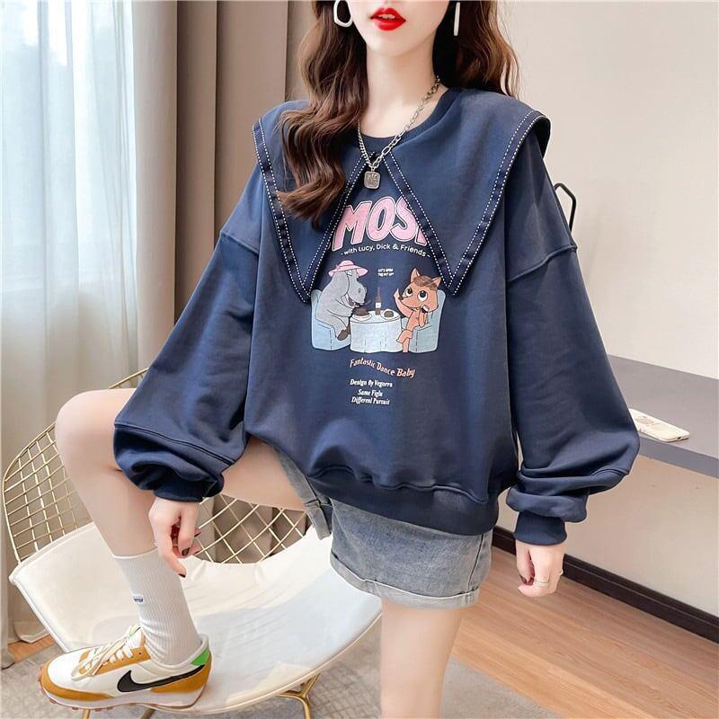 絶対欲しい グラフィックプリント セーラ服の襟 三色 長袖Tシャツトップス<U-4036>