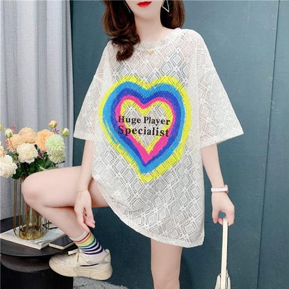 デザイン感 透かし彫り チャーミング プリント Tシャツ カットソー＜U-3115＞