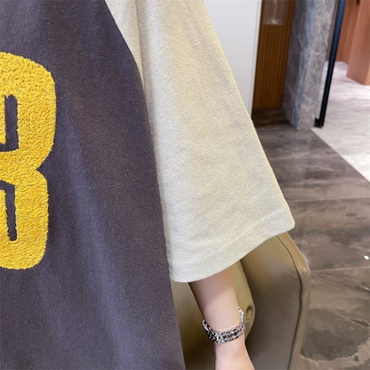 絶対欲しい カラーマッチング 数字刺? ロング Tシャツ ゆったり 半袖 ＜U-2896＞