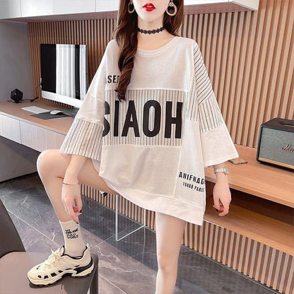大好評 切り替え ストライプ柄 プリント ロング Tシャツ 三色 ゆったりワンピース ＜U-4012＞
