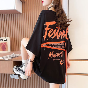 【人気商品再入荷！】   デザイン個性ゆったりミドル丈半袖Tシャツ<U-3036>
