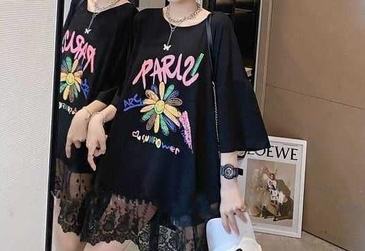 スウィート 花柄 レース アルファベット プリント ロングTシャツ ゆったり半袖＜U-2952＞
