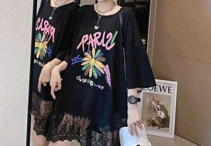 スウィート 花柄 レース アルファベット プリント ロングTシャツ ゆったり半袖＜U-2952＞