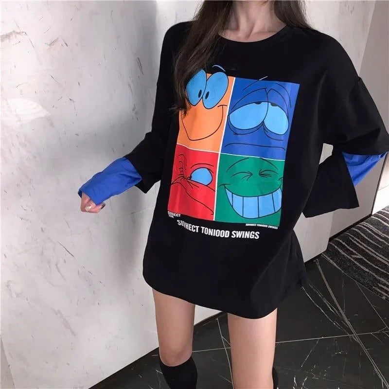 見逃し禁止レイヤード  グラフィックプリント 二色長袖Tシャツ＜U-4065＞
