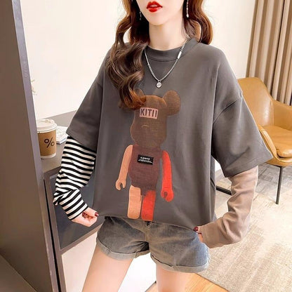 可愛いクマちゃんプリント レイヤード風 ストライプ柄 長袖Tシャツトップス＜U-4109＞