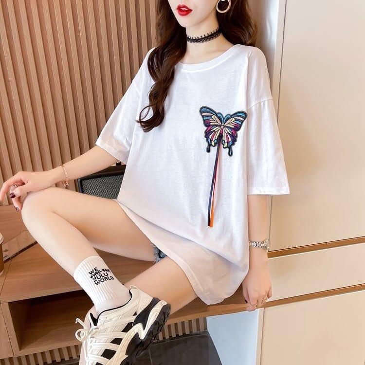 最新デザインセンス刺繍純綿ルーズ半袖Tシャツ<U-2949>