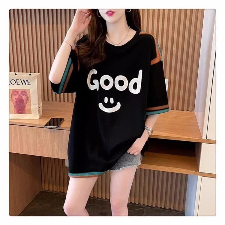 おすすめ プリント アルファベット ロング Tシャツ ゆったり半袖 ＜U-2881＞