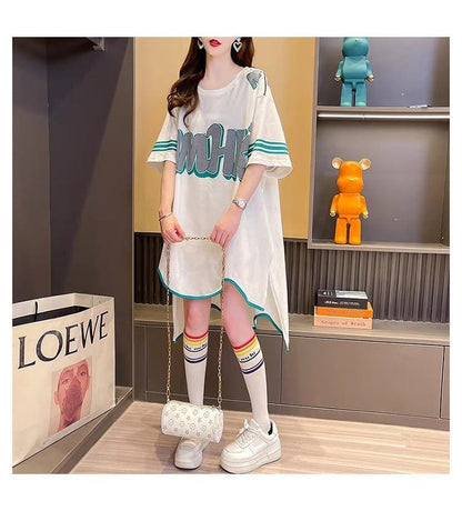 おしゃれ度アップ アルファベット フィッシュテール プリントTシャツ ゆったり半袖＜U-3012＞