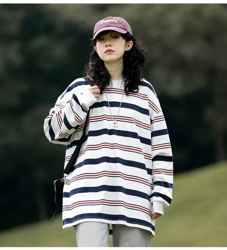 おすすめ 二色 ストライプ柄切り替え 長袖Ｔシャツ トップス＜U-4129＞