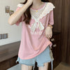 超人気 レース スウィート 切り替え プリント 3色選択 半袖Tシャツ＜U-8825＞