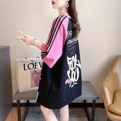 好感度UP グラフィック ストライプ柄 ラグランTシャツ ゆったり ワンピース＜U-3994＞