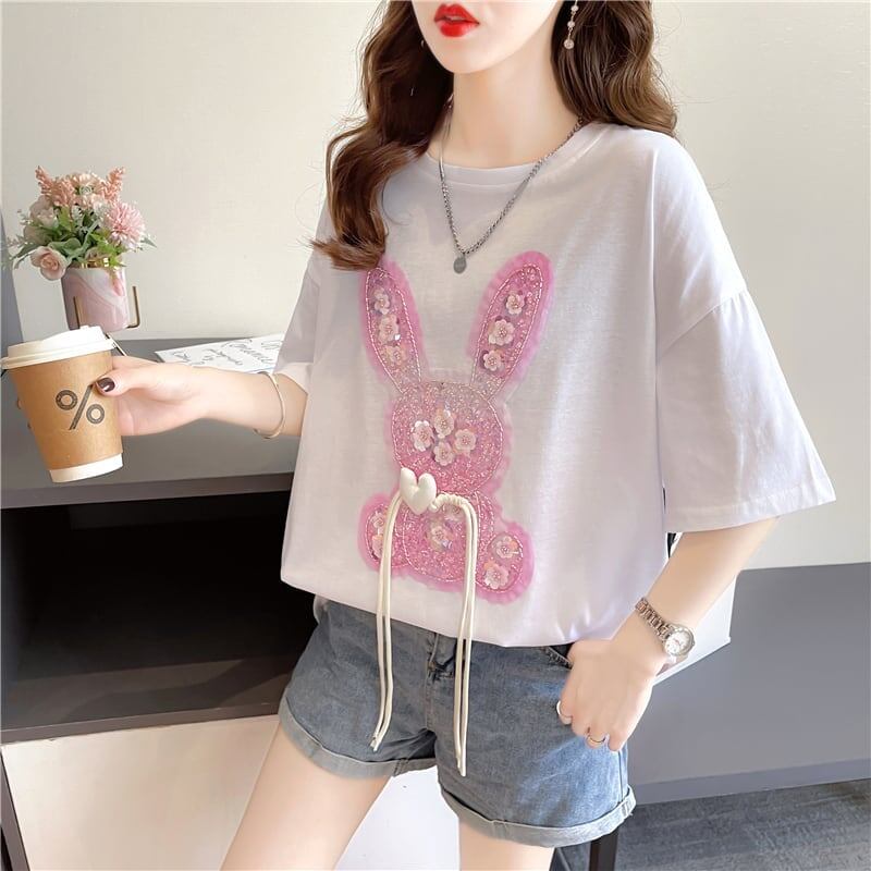 デザイン感 切り替え チャーミング プリント Tシャツ カットソー＜U-3425＞