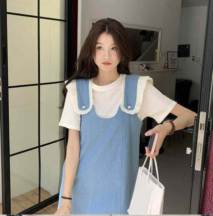 美人度アップ デニム 大人可愛い 全2色 半袖Tシャツ+サスペンダースカート セット<U-8782>
