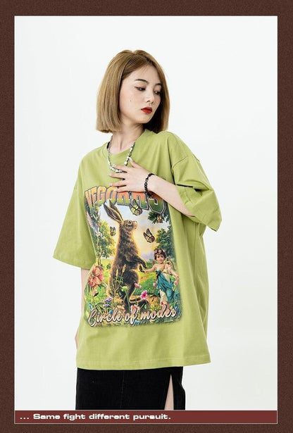 アメリカンレトロ絵画ウサギ半袖Tシャツカップル男女同スタイル<U-2910>