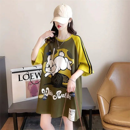 好感度UP グラフィック ストライプ柄 ラグランTシャツ ゆったり ワンピース＜U-3994＞