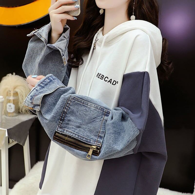 【人気急上昇中】売れ筋 切り替え デニム ゆったり フード付き パーカー ＜U-2101＞
