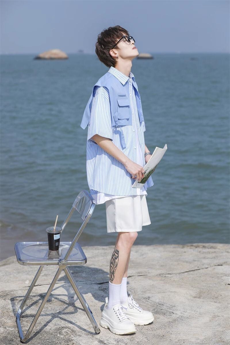 絶対流行 レイヤード風 早い者勝ち 切り替え ストライプ柄 全3色 半袖Tシャツ<U-9048>