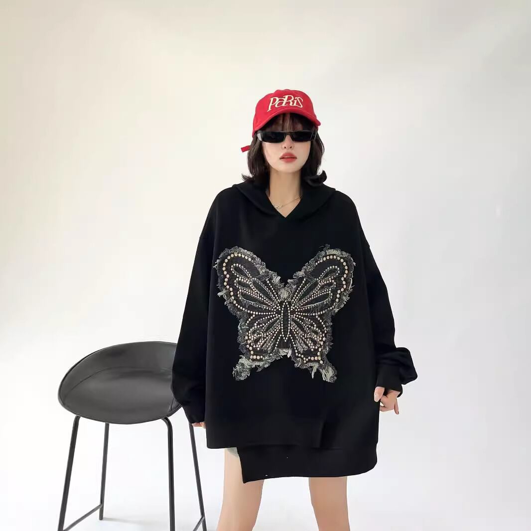 都市ファッショ デザイン オシャレ おしゃれ度高め 刺繍 ホットダイヤモンド カジュアル 3色選択 パーカー<U-9290>
