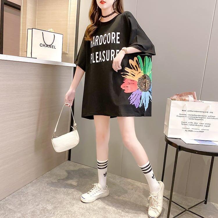 おすすめ アルファベット 花柄 Tシャツ 三色 ゆったり ロング 半袖 ＜U-2946＞