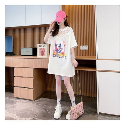 新商品 透かし彫り キュート レース 切り替え ゆったり 半袖Tシャツ＜U-8472＞