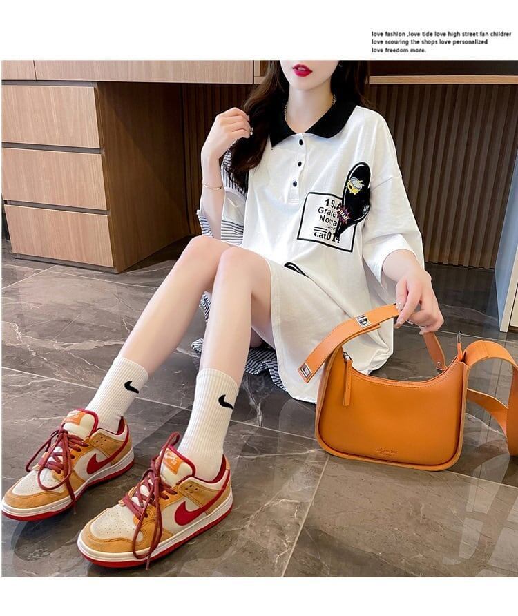 POLOネック 切り替え ストライプ柄 ロング Tシャツ ゆったりワンピース ＜U-3031＞