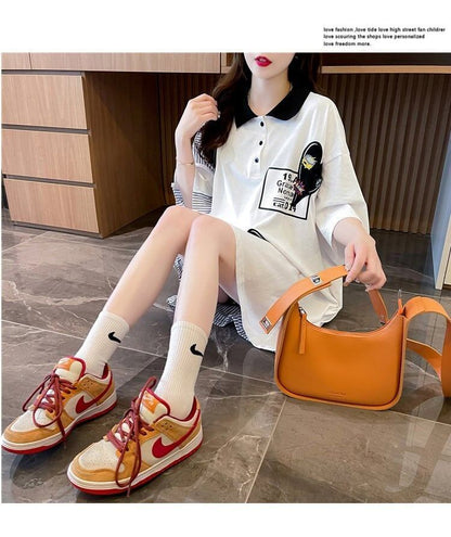 POLOネック 切り替え ストライプ柄 ロング Tシャツ ゆったりワンピース ＜U-3031＞